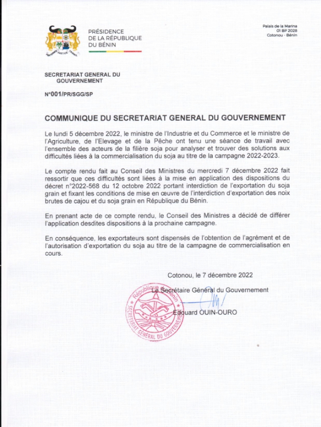 Bénin : un agrément indispensable aux exportateurs du soja - LE MATINAL
